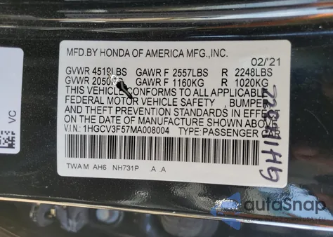 2021 Honda Accord Hybrid Exl from USA, damaged, VIN 1HGCV3F57MA008004